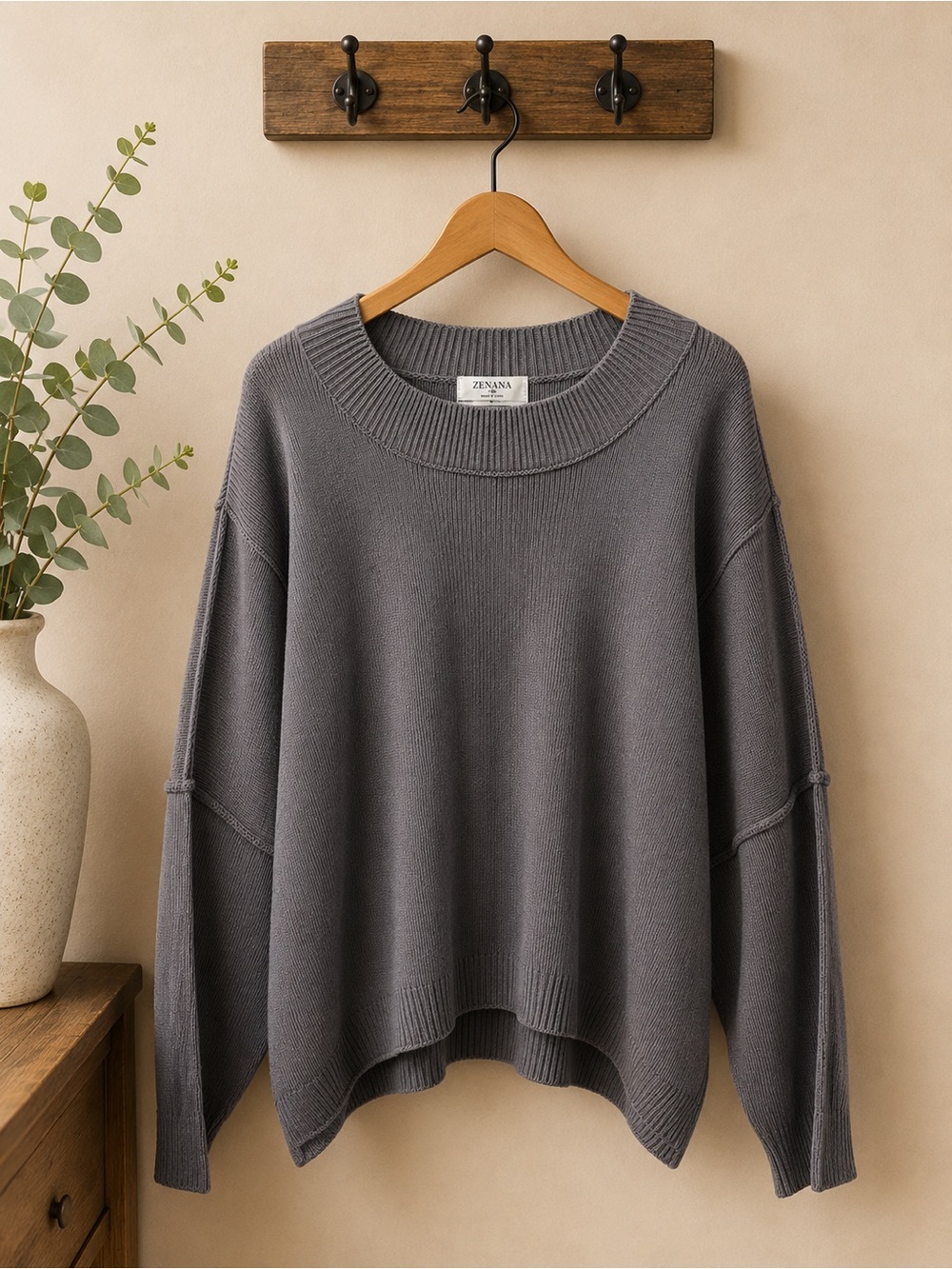 Zenana Womenโs 2X Gray Oversized Dolman Sleeve Ribbed Knit Sweater